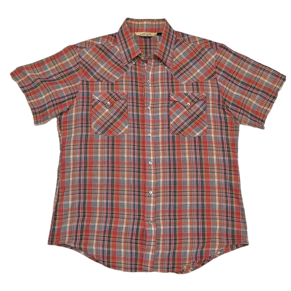 Hoot-Spah Westerns Mens Large Red Plaid Pearl Snap Short Sleeve Western Shirt L